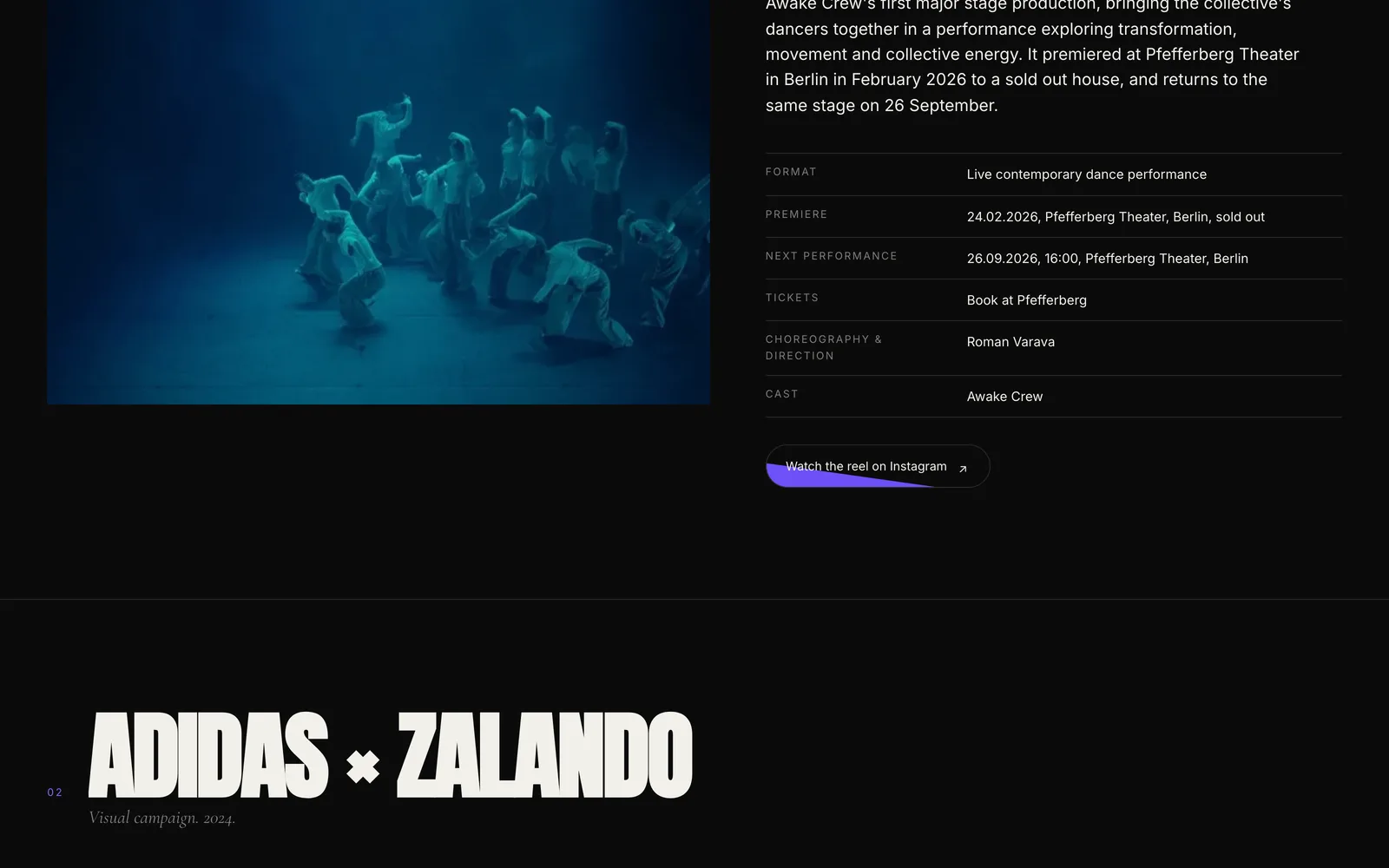 Awake Crew work page showing the AWAKENING production and the Adidas campaign
