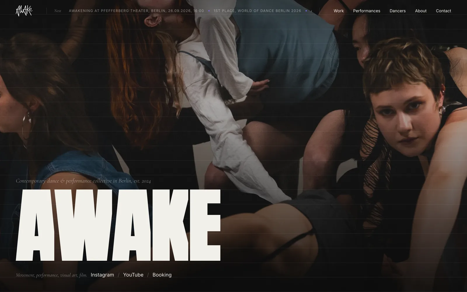 Awake Crew home page: the wordmark over a photograph of the ensemble