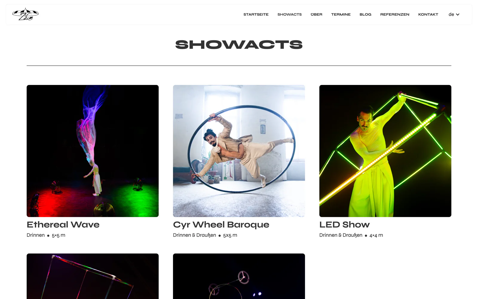 Genial Zirkus showacts page, a grid of the bookable acts