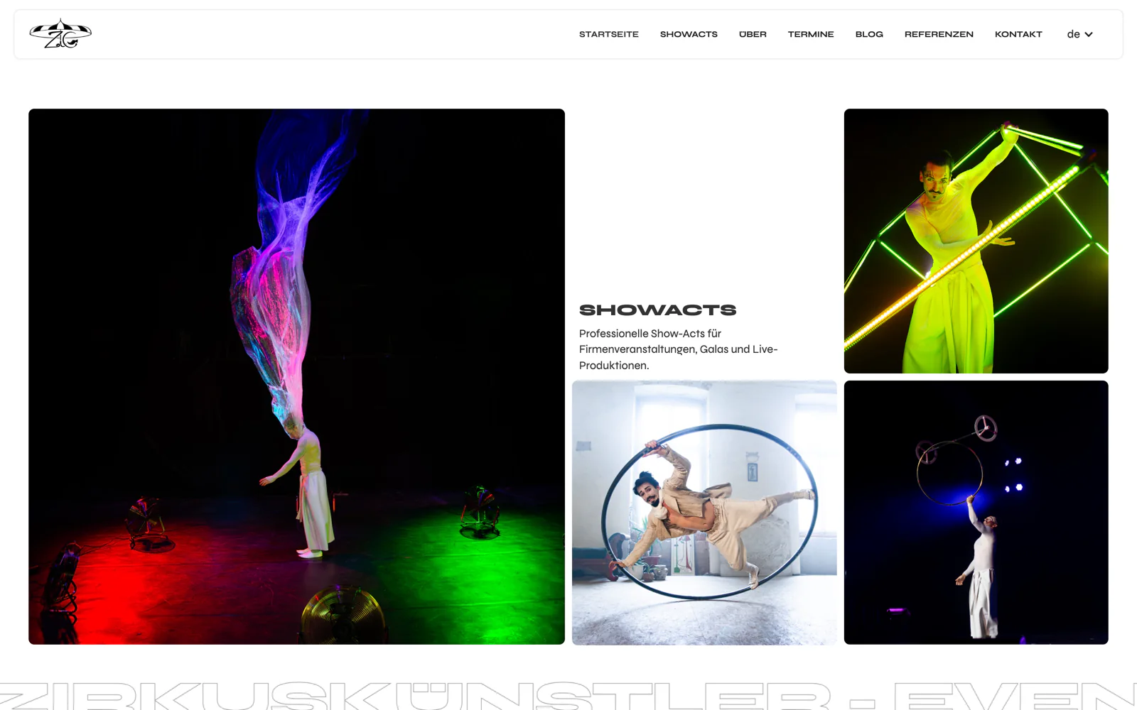 Genial Zirkus home page: the showacts collage of stage photographs