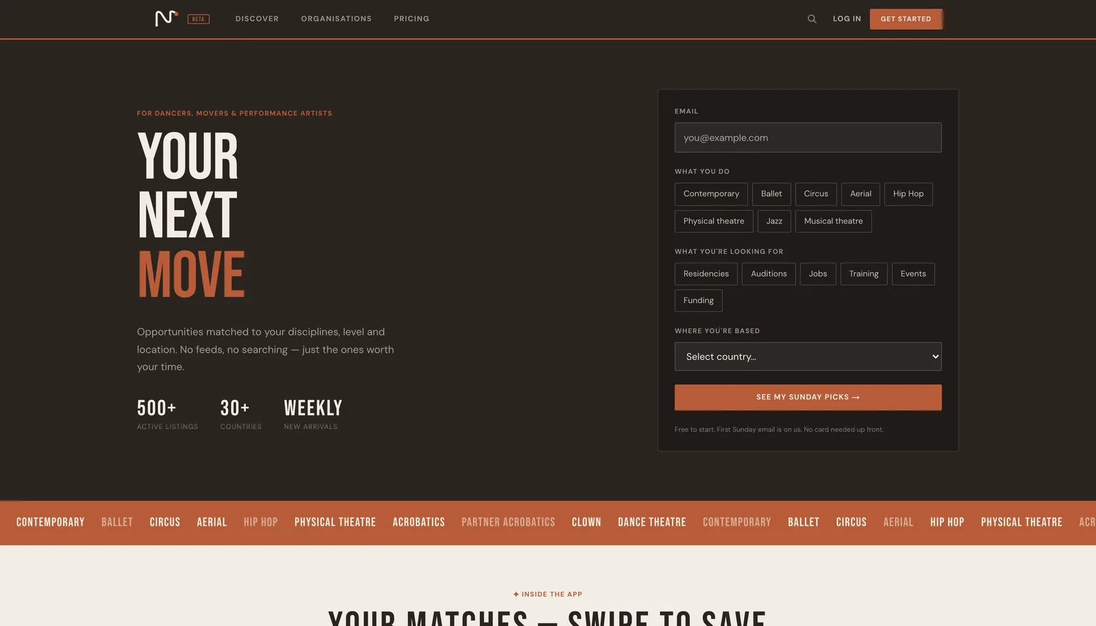 Next Move landing page with the matching form and discipline filters